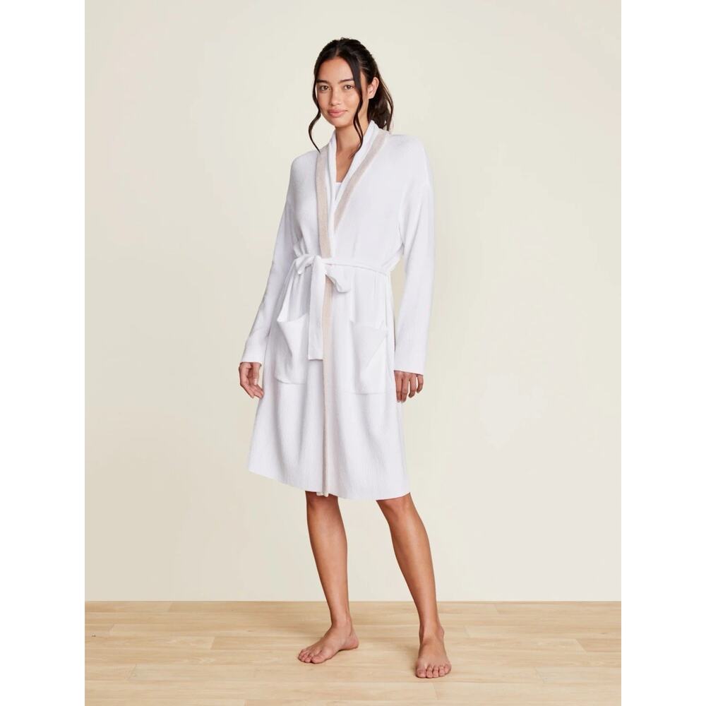 Barefoot Dreams Cozychic Ultra Tipped Ribbed Short Robe Size S/M Seasalt/Shell - Picture 14 of 14